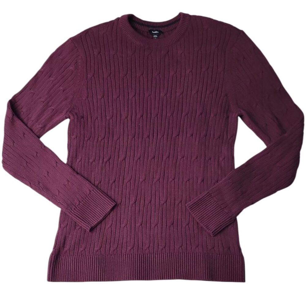 Express Men's 100% Cotton Crew Neck Warm Cable Knit Sweater - Winetasting
